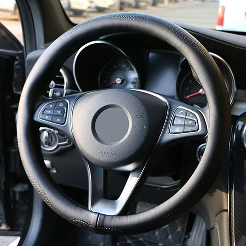 Leather Car Steering Wheel Cover - Wavy Line Design with Silica Gel Liner