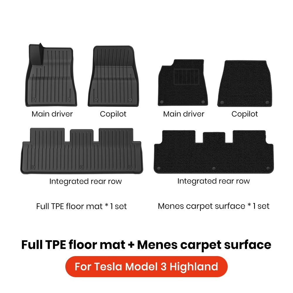 TPE Car Floor Mats & Luggage Mat Set for Tesla Model 3 Highland/Model Y (2019-2024) - Four Seasons Waterproof Anti-Slip Trunk Mat - Delicate Leather