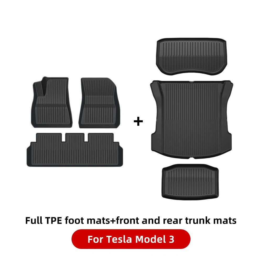 TPE Waterproof Anti-Slip Floor & Trunk Mat Set for Tesla Model Y (2021-2024) and Model 3 Highland - All-Weather Floor Liner - Delicate Leather