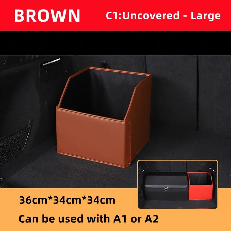 Luxury Leather Car Trunk Organizer – Large-Capacity Foldable Storage Box for BMW, Benz, Tesla, VW & More - Delicate Leather
