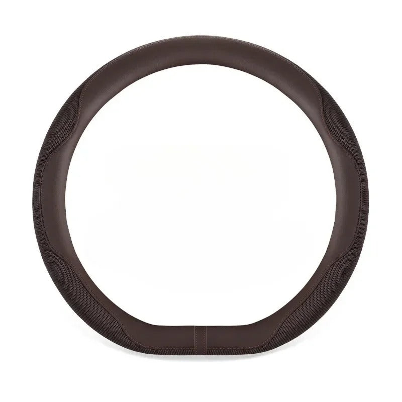 Leather Steering Wheel Cover with Breathable Ice Silk Mesh – Universal Fit for 14.5"-15" Steering Wheels - Delicate Leather