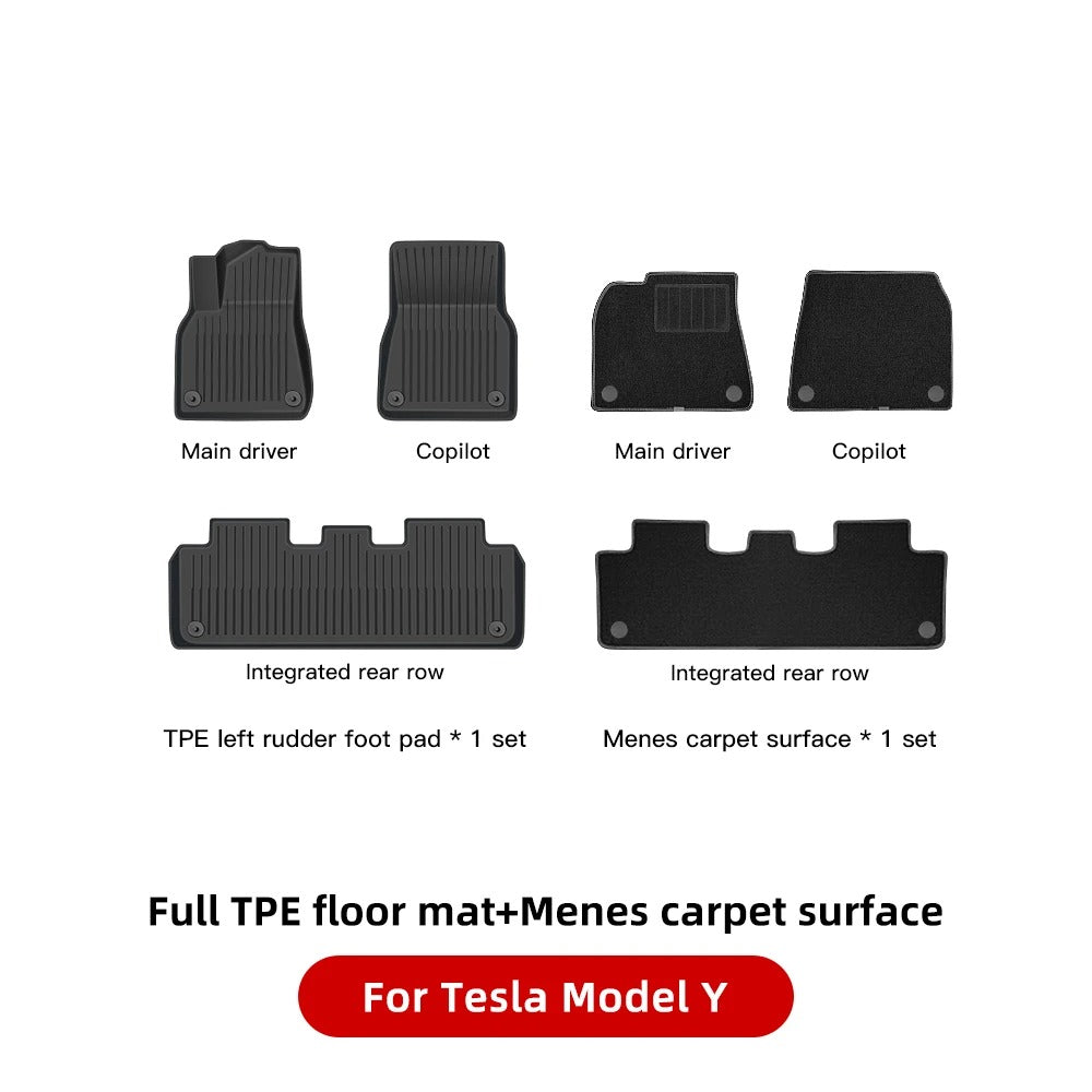 TPE Car Floor Mats & Luggage Mat Set for Tesla Model 3 Highland/Model Y (2019-2024) - Four Seasons Waterproof Anti-Slip Trunk Mat - Delicate Leather