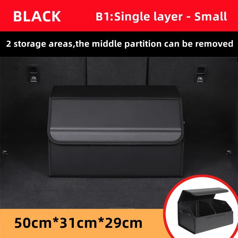 Luxury Leather Car Trunk Organizer – Large-Capacity Foldable Storage Box for BMW, Benz, Tesla, VW & More - Delicate Leather