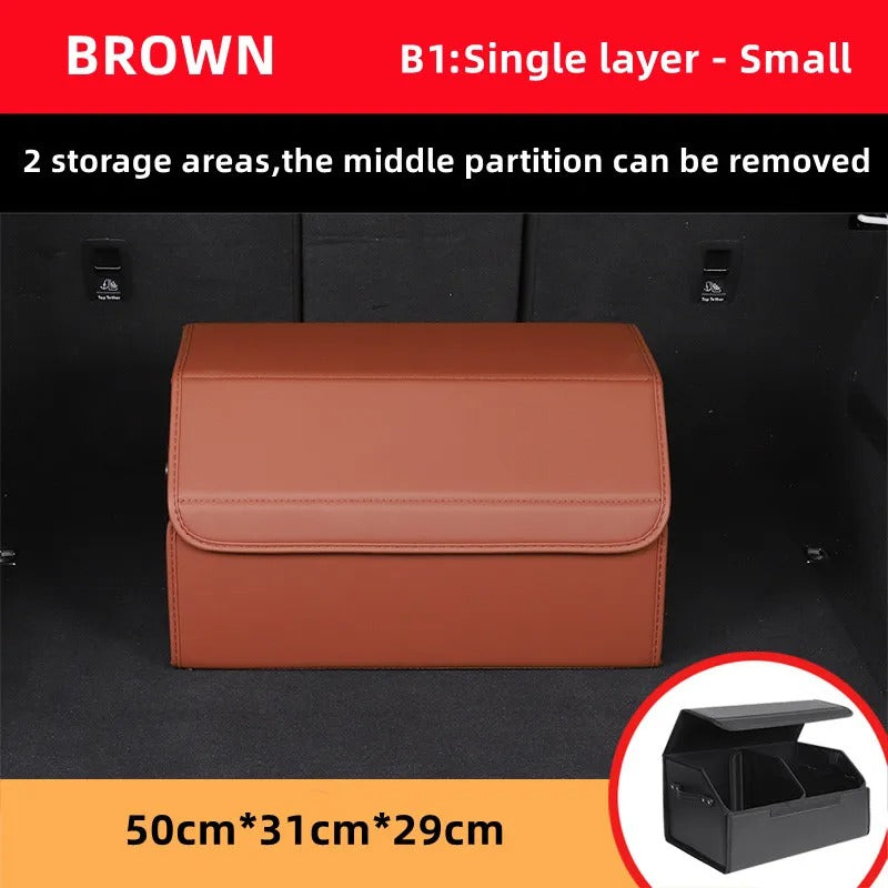 Luxury Leather Car Trunk Organizer – Large-Capacity Foldable Storage Box for BMW, Benz, Tesla, VW & More - Delicate Leather