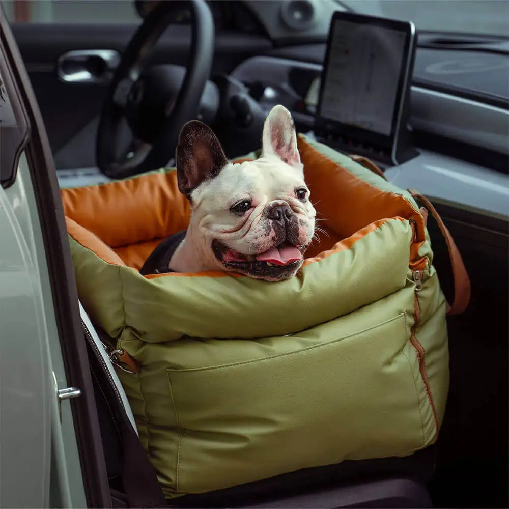Travel Safety Denim Patchwork Dog Car Seat Bed with Safety Buckle - Luxury Customizable Pet Car Seat - Delicate Leather