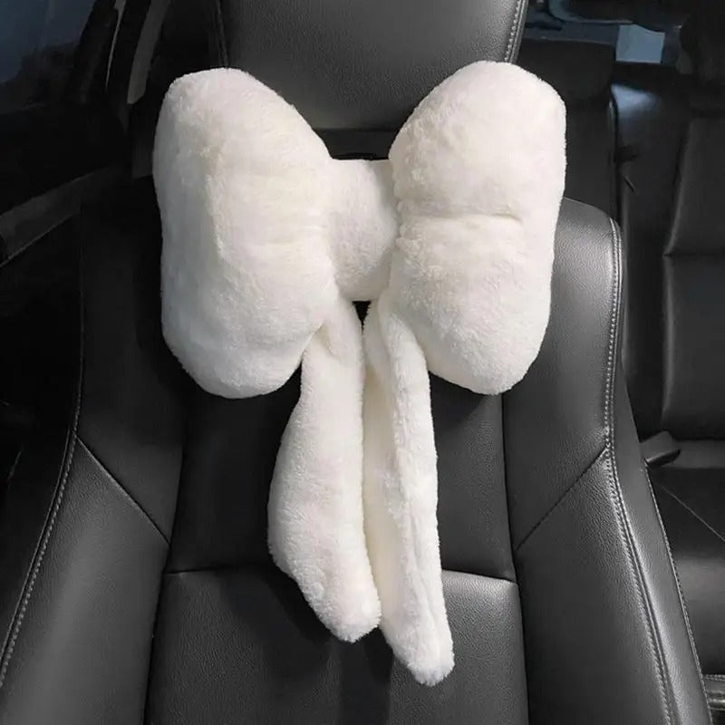 Plush Bowknot Car Headrest Pillow – Soft Neck & Lumbar Support Cushion - Delicate Leather
