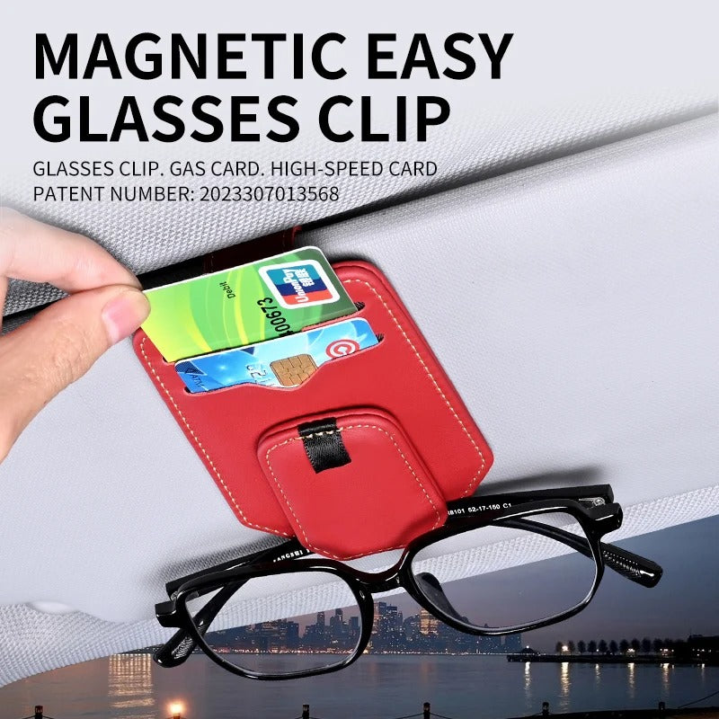 Car Glasses Clip – Leather Visor Sunglasses & Card Holder