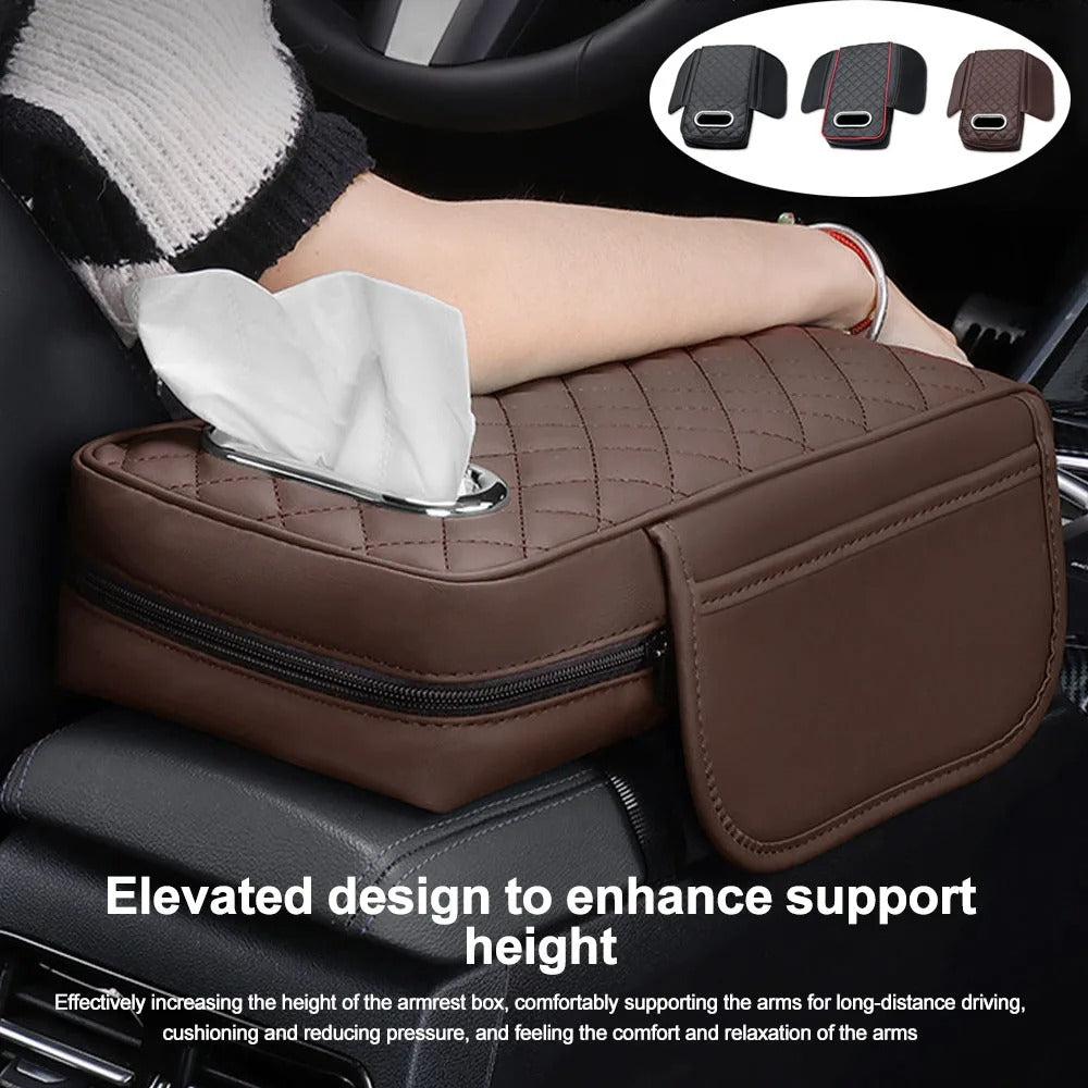 Car Armrest Pad with Tissue Box & Side Storage – Leather Console Protector - Delicate Leather