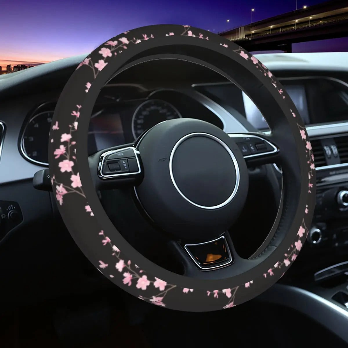 Sakura Sky Steer Wheel Cover, Cherry Blossom Steering Wheel Cover Cute, Japanese Aesthetic Car Decor, Car Accessories 07 - Delicate Leather