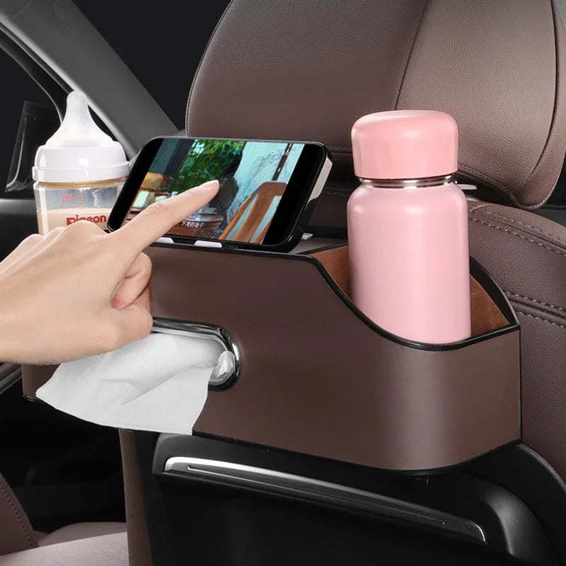 Multifunctional Car Leather Tissue Storage Box - Under Seat, Cute Auto Back Seat Paper Holder with Water Cup Slot, Creative & Portable Design - Delicate Leather