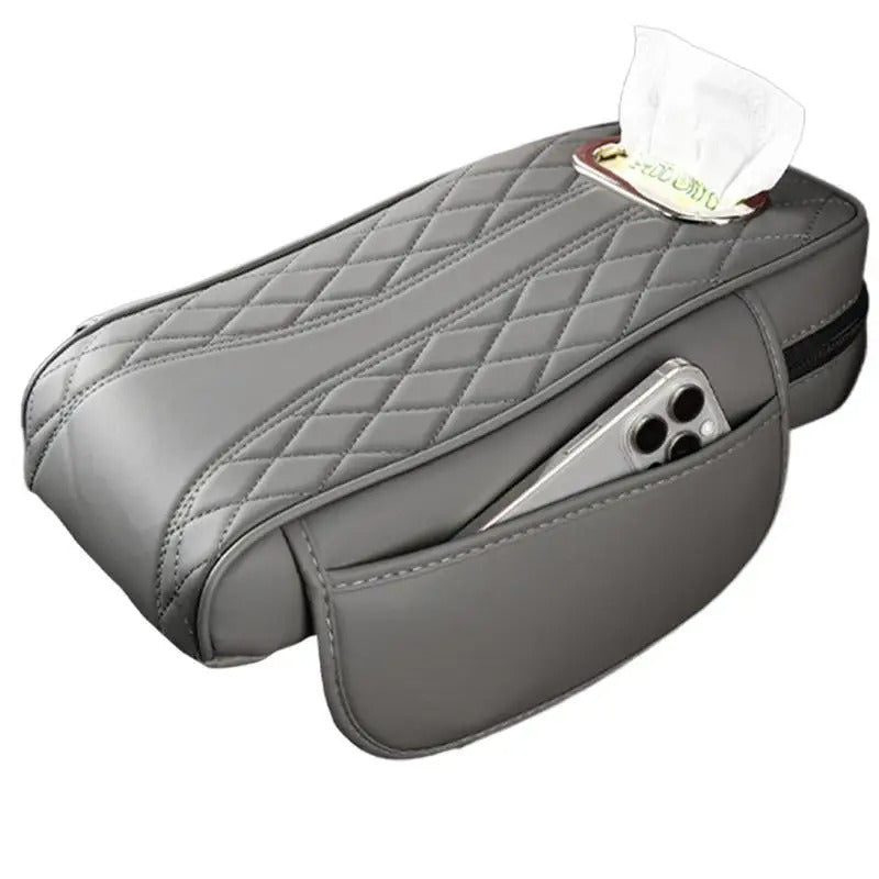 Comfortable Car Armrest Cover with Tissue Box Holder – Multi-Functional Center Console Storage for SUVs and Cars - Delicate Leather
