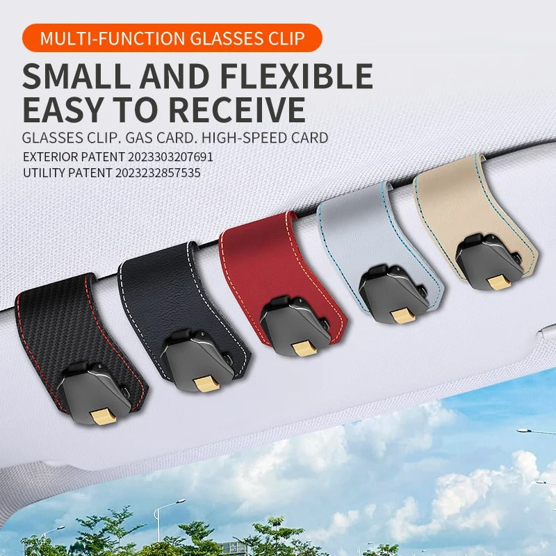 Car Glasses Clip – Multi-Functional Cowhide Sunglasses Holder with Pulley Design - Delicate Leather