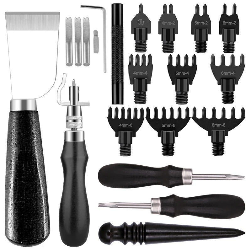 Leather Craft Tools Set – Groover, Cutting Knife, Hole Puncher, Edge Trimmer, and Polishing Tools - Delicate Leather