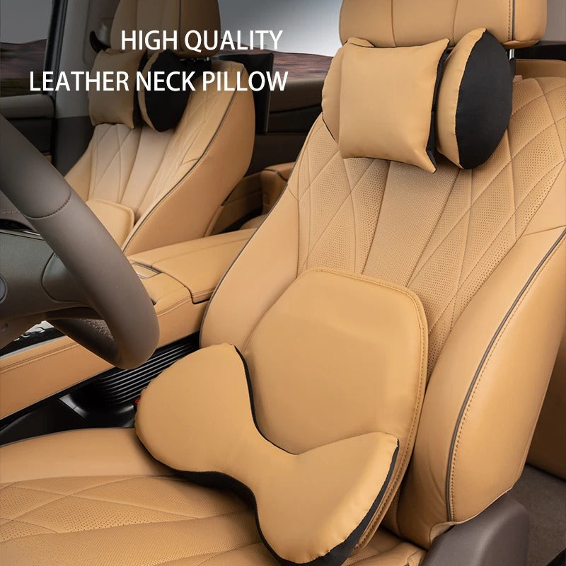 Leather Car Neck Pillow & Lumbar Support – Universal Headrest Cushion for Car - Delicate Leather
