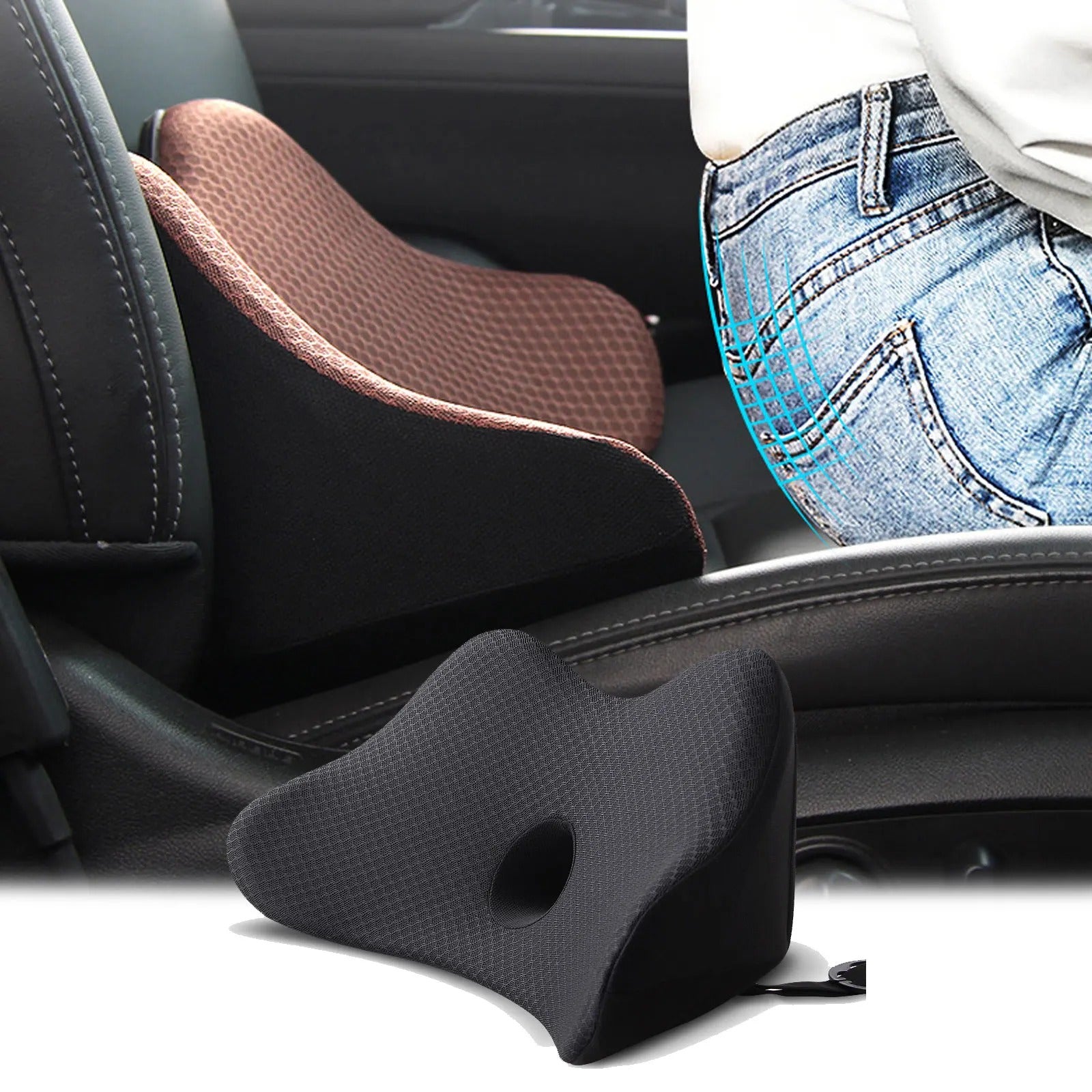 Memory Foam Car Back Cushion – Orthopedic Massage Seat Mat for Travel, Office, and Chair Support - Delicate Leather