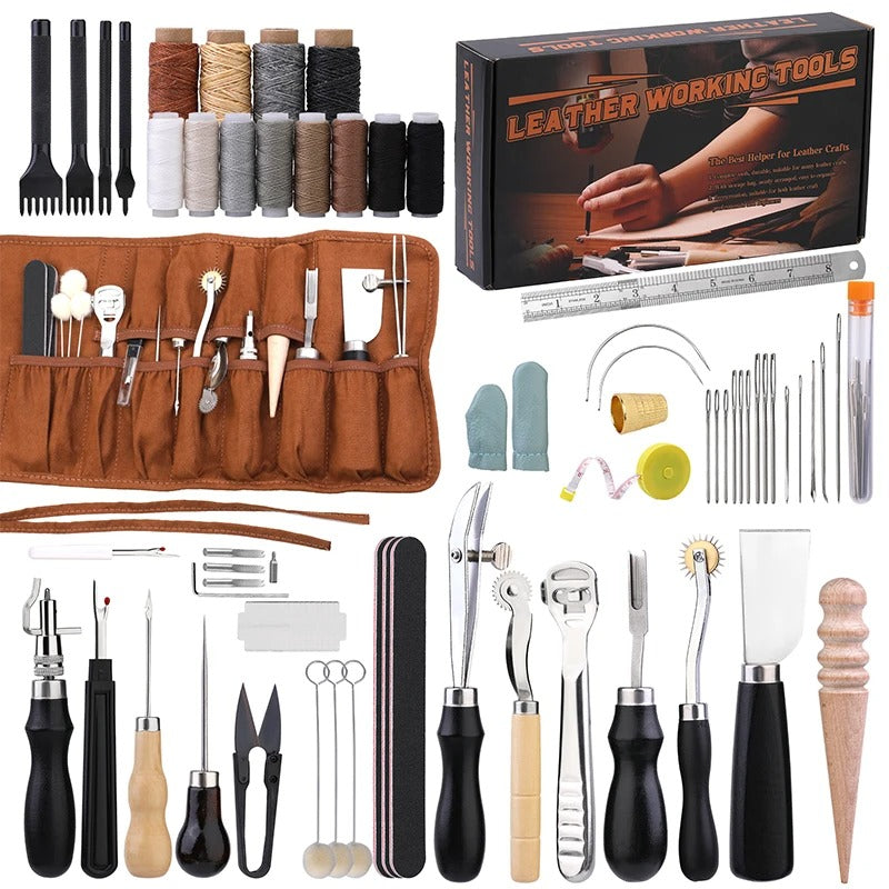 Complete Leather Craft Tool Kit - Hand Sewing, Stitching Punch, Wax Thread, Carving Groover & Repair DIY Set - Delicate Leather