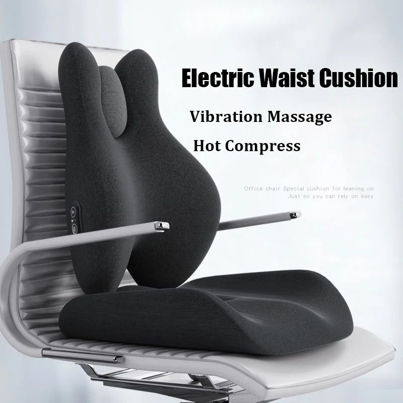 Memory Foam Electric Massage Chair Cushion Set – Hot Compress for Waist Pain Relief in Car, Office, or Home - Delicate Leather
