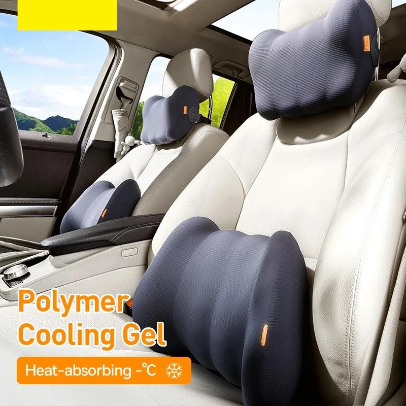Car Headrest Neck and Waist Pillow – Cooling Gel Lumbar Cushion with Breathable Memory Cotton for Ergonomic Support - Delicate Leather