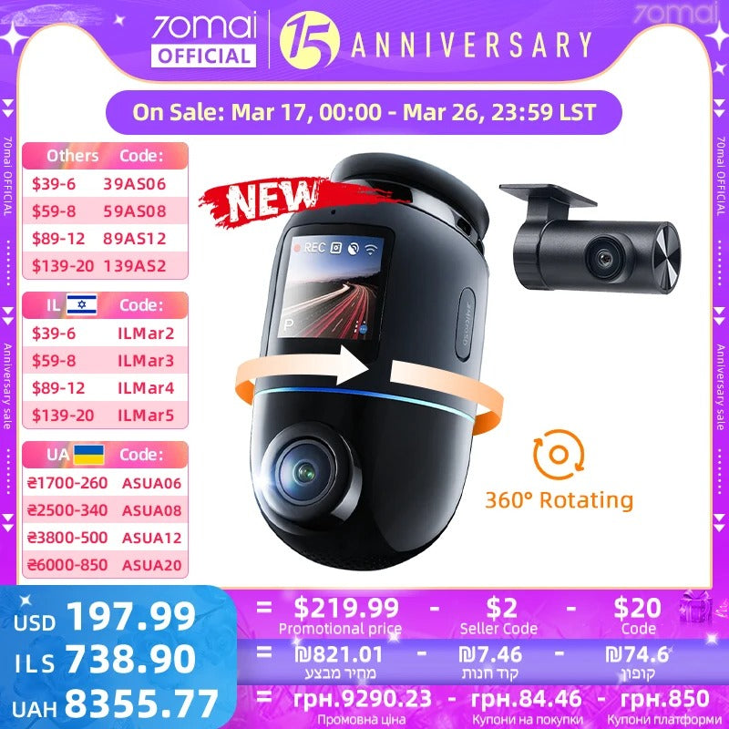 70mai X800 Omni 4K Dash Cam – Global Version, 360° Rotation, Dual-Channel, HDR, 4G Compatible, Supercapacitor Technology