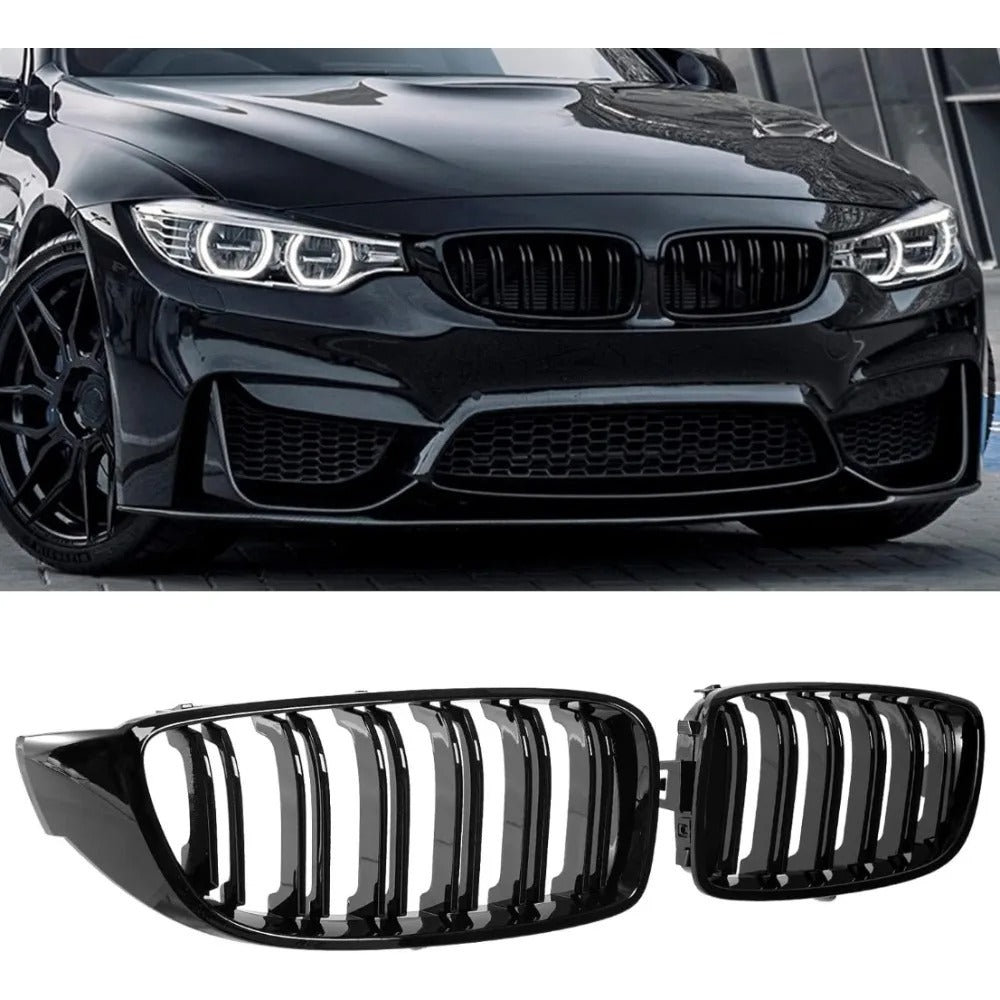 Gloss Black Double Slats Front Kidney Grille for BMW 4 Series F32/F33/F36 & M3/M4 (2013-2019) - Delicate Leather