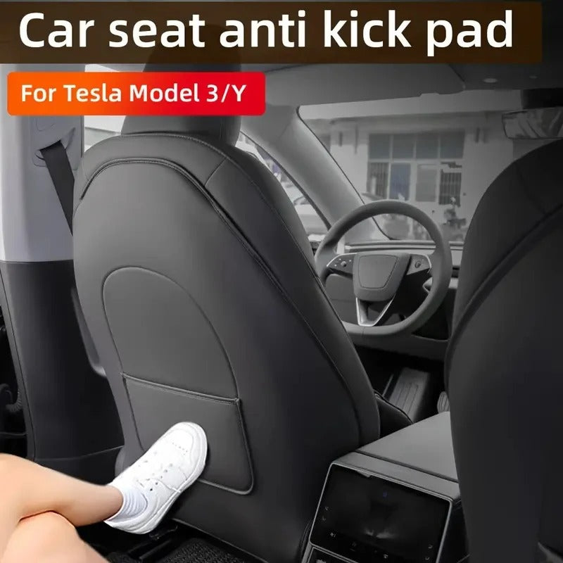 Tesla Model 3/Y Seat Back Protector – Leather Anti-Kick Pad with Storage - Delicate Leather