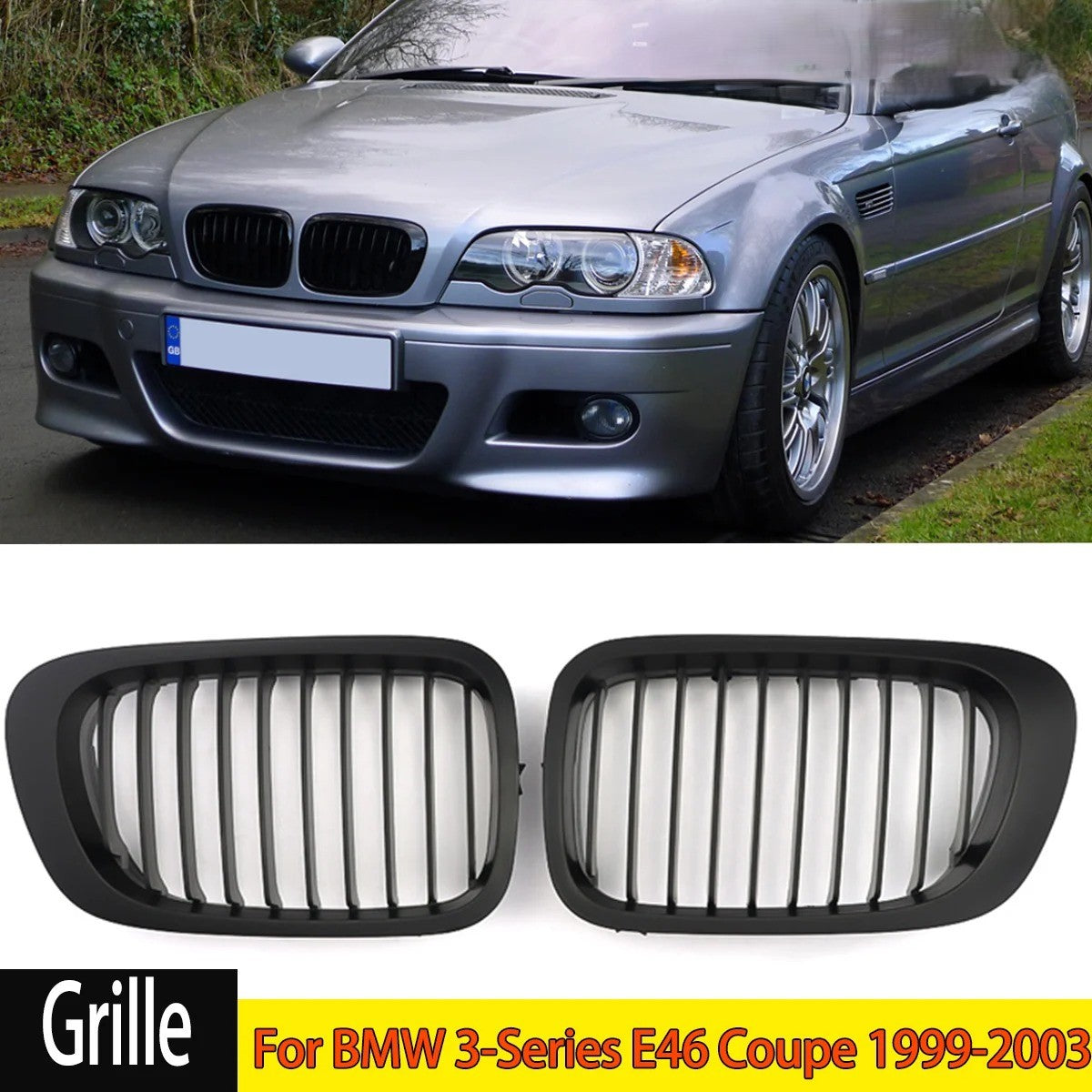 MagicKit Matte Black Kidney Grilles for BMW 3-Series E46 Coupe (1999-2003 Pre-facelift) - Delicate Leather
