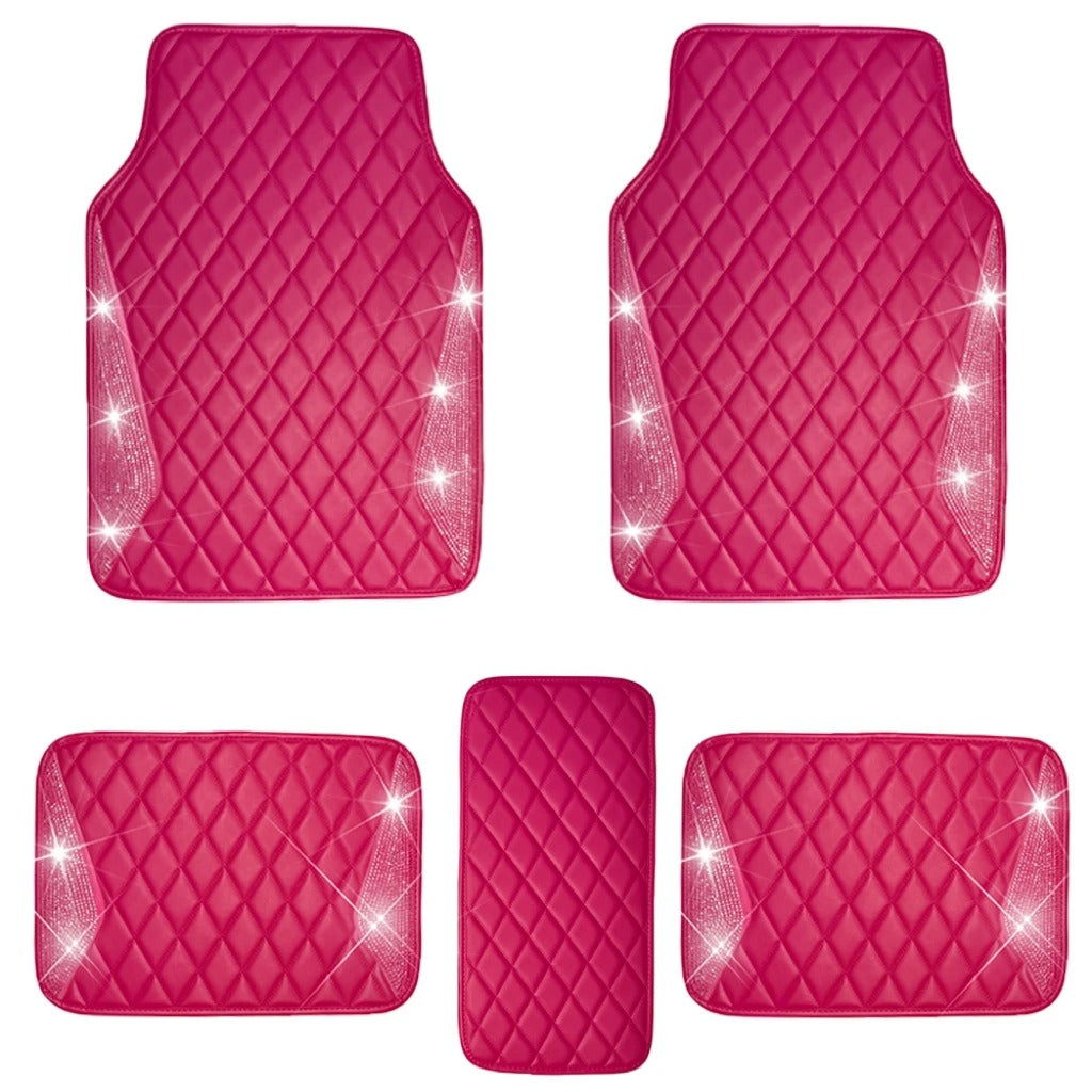5PCS Rose Red Bling Leather Car Floor Mats – Rhinestone Diamond Interior Mats for Women | Universal Fit for SUV, Sedan & Truck - Delicate Leather