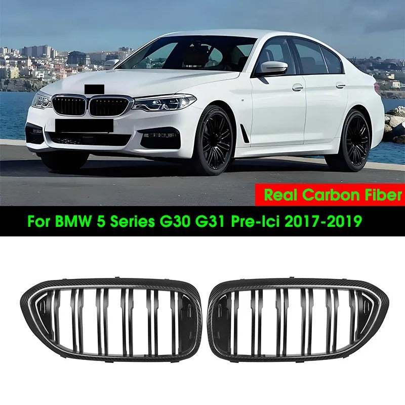 Real Carbon Fiber 2-Slat Front Kidney Grille for BMW 5 Series G30/G31 & F90 M5 (2017-2019 Pre-LCI) - Delicate Leather