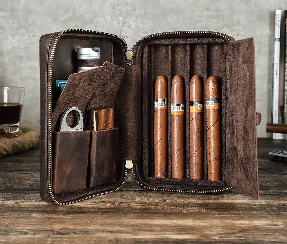 Genuine Leather Cigar Travel Case Holder – Portable Lighter & Cutter Pocket Humidor Gift Set - Delicate Leather