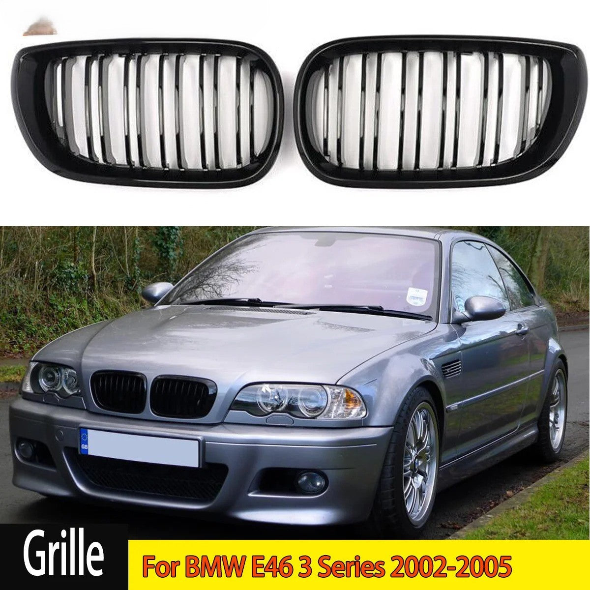 Gloss Black Double Line Kidney Grilles for BMW E46 3-Series (2001-2006 Facelift) - Delicate Leather