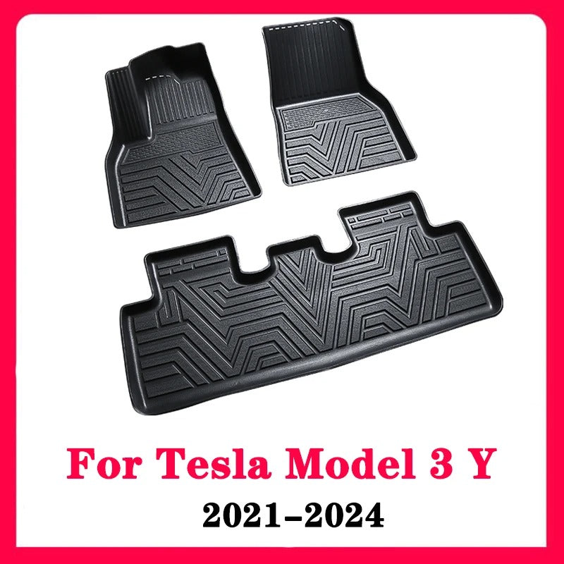 TPE Waterproof Non-Slip Floor Mats for Tesla Model 3/Y (2021-2024) - Full Surround All-Weather Protection - Delicate Leather
