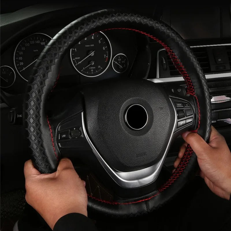 Genuine Leather Embossed Braiding Steering Wheel Cover - Hand-Stitched Anti-Slip Car Decoration Accessory - Delicate Leather