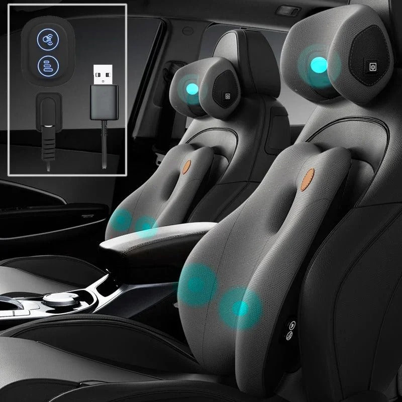 Car Massage Neck Pillow and Lumbar Support Pad – Universal Headrest and Back Support for Travel and Relaxation - Delicate Leather