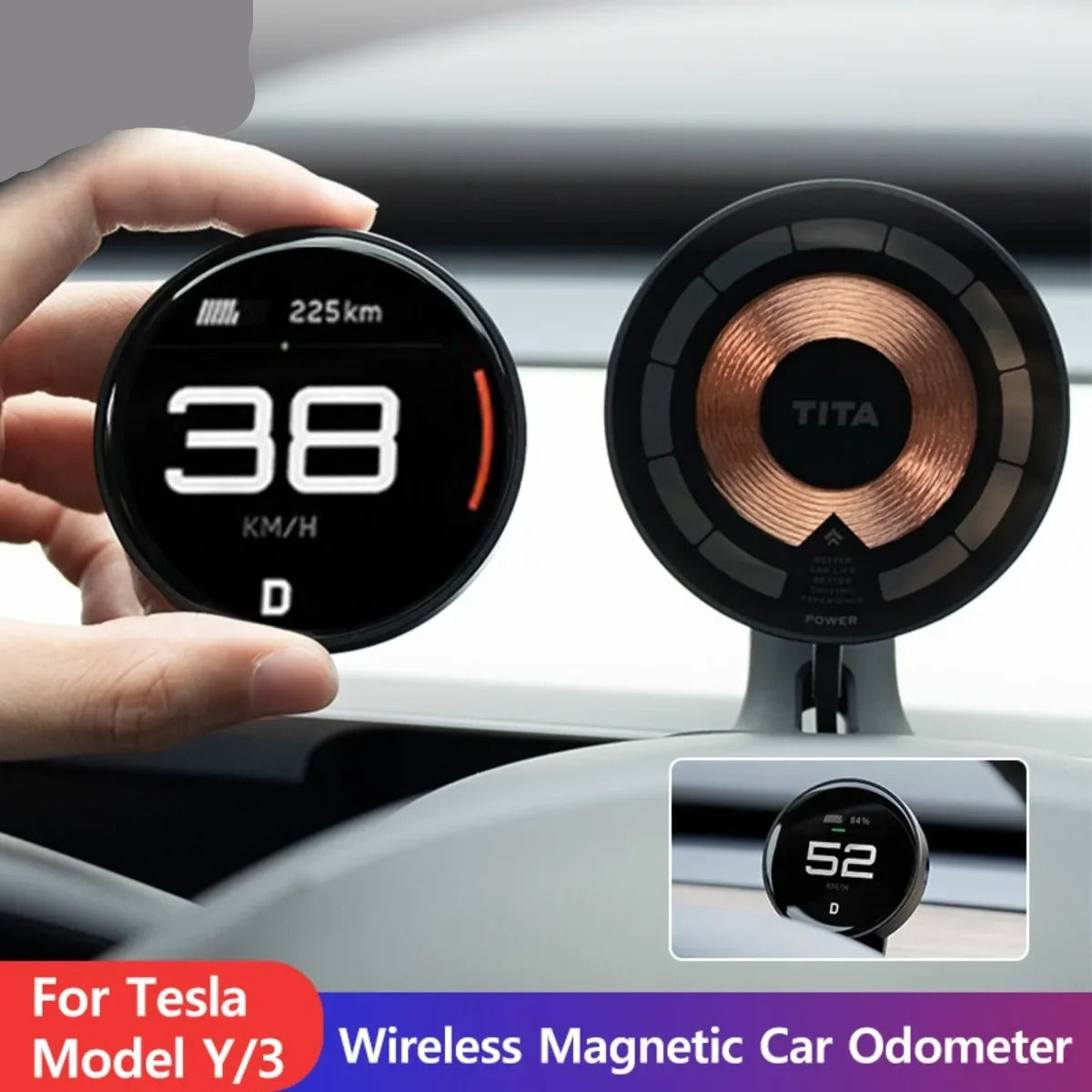 Ultra-Thin Dashboard Display with Wireless Magnetic Charging – Tesla Model Y & Model 3 - Delicate Leather