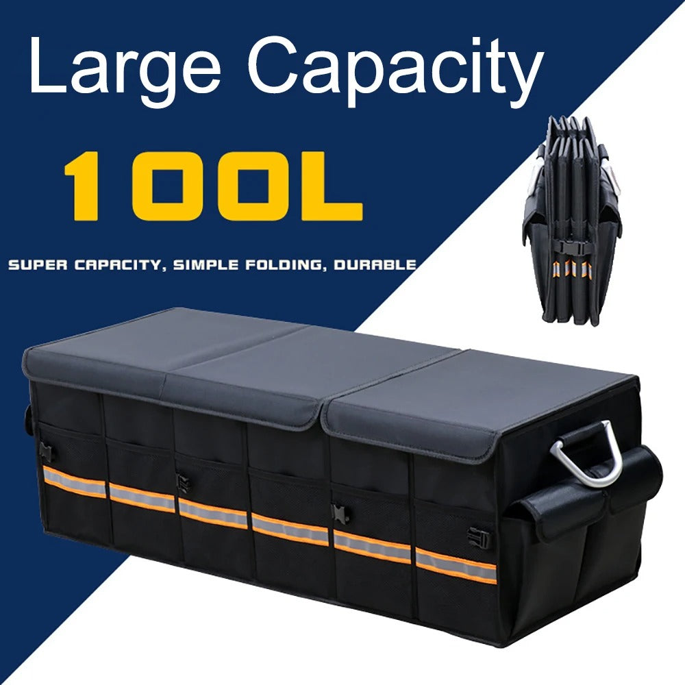 Heavy Duty 100L & 66L Car Trunk Organizer – Foldable, Collapsible Storage Box with Reflective Strip for SUV, Sedan & Truck - Delicate Leather