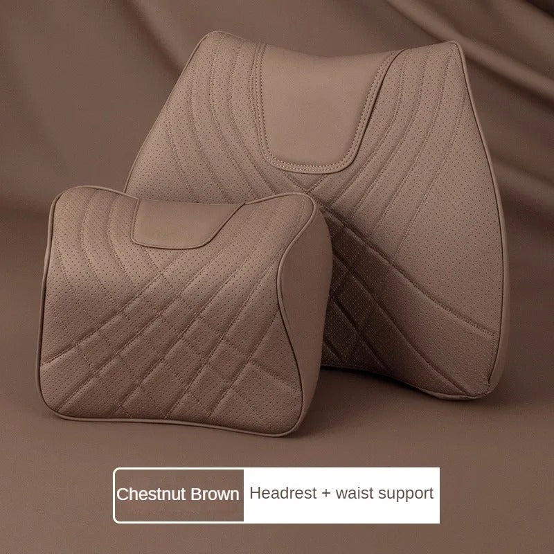Leather Car Headrest & Lumbar Pillow Set – Memory Foam Neck and Waist Support - Delicate Leather