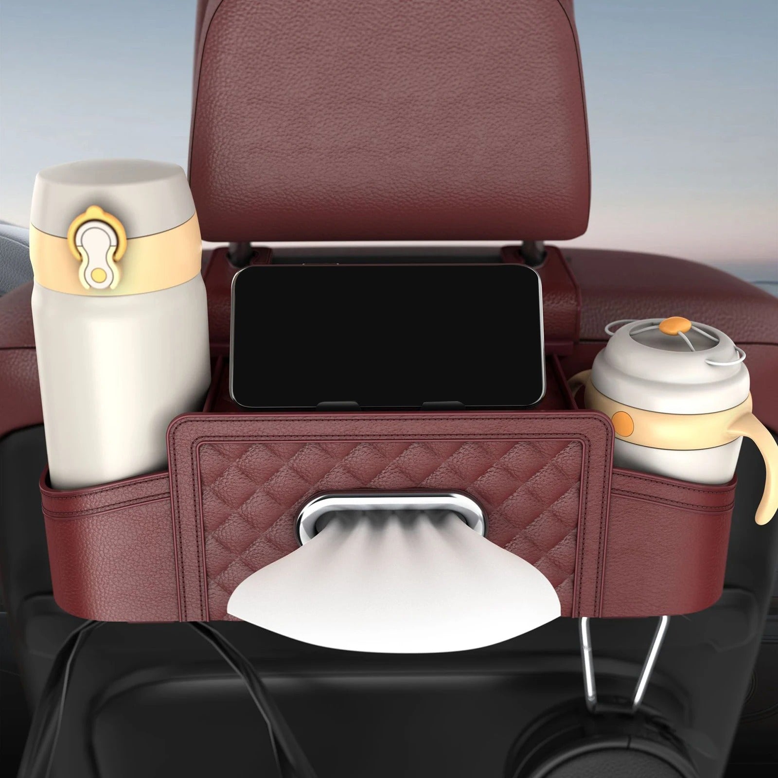 Car Backseat Organizer with Hooks - Interior Storage Box for Drink, Cup, Tissue Holder, and Travel Accessories - Delicate Leather