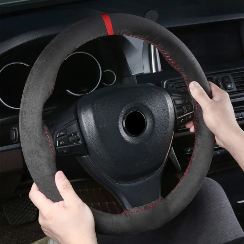 Suede Leather Braided Car Steering Wheel Cover – Universal 38cm DIY Hand-Stitched Handle Cover for All-Season Comfort and Style - Delicate Leather