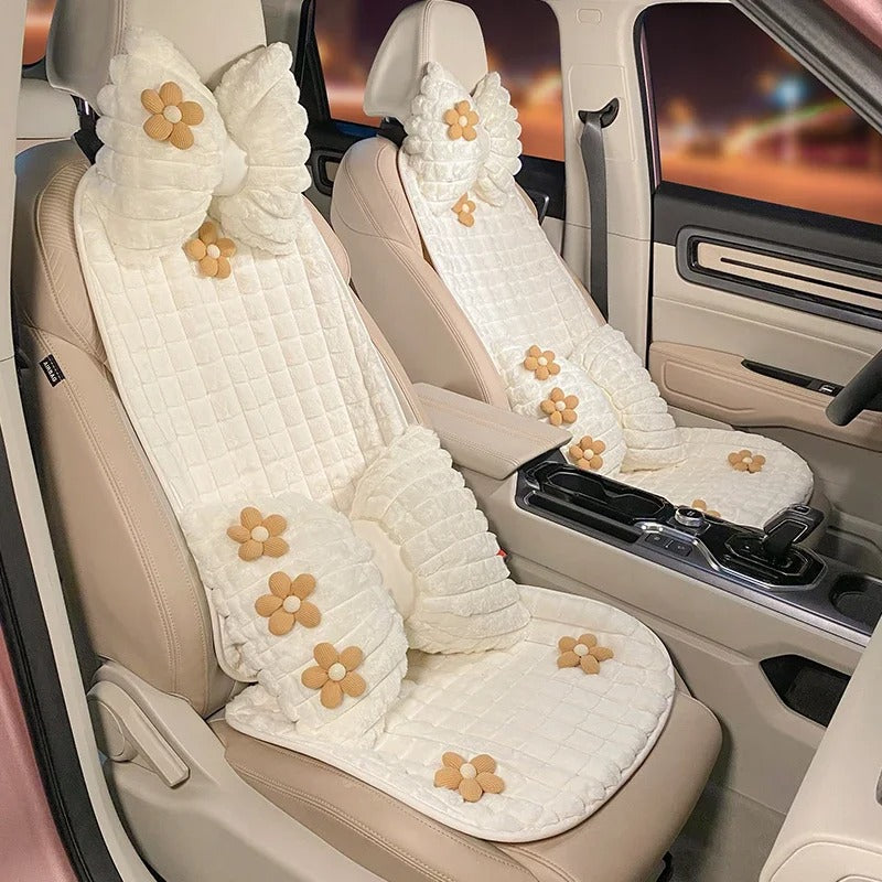 Cartoon Flower Winter Plush Car Seat Cushion Cover - Universal Fit for Five-Seat Cars - Delicate Leather