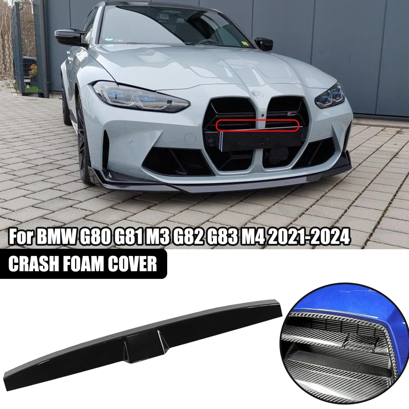 Glossy Black Carbon Fiber Look Front Bumper Crash Foam Cover Trim Grille for BMW G80/G81 M3 & G82/G83 M4 (2021-2024) - Delicate Leather