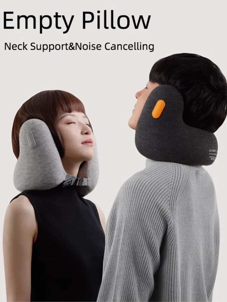 Patented Memory Foam Travel Pillow with Noise-Canceling Earmuffs – 360° Neck Support for Planes, Cars, Office - Delicate Leather