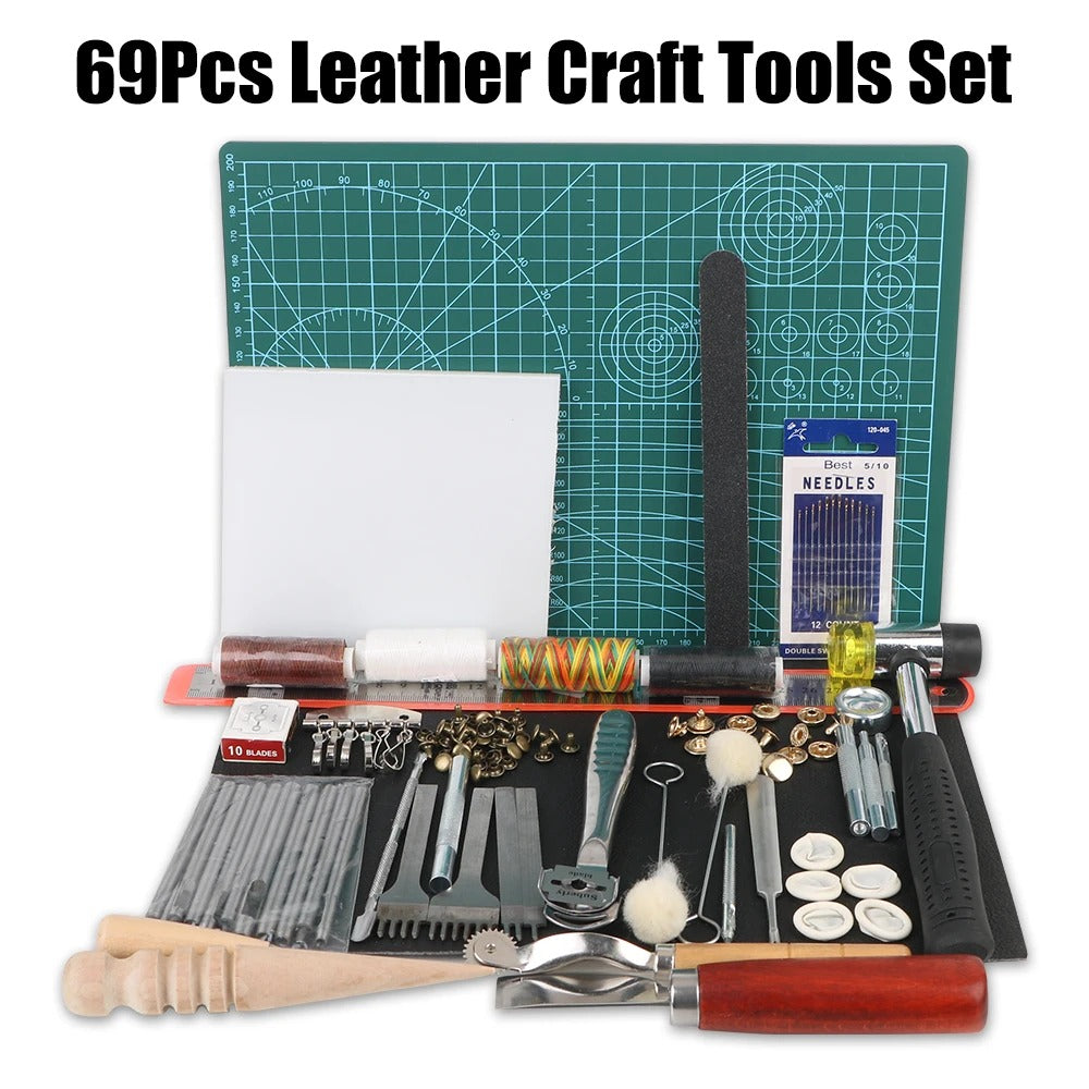 69-Piece Professional Leather Craft Tools - Saddle Groover Kit for DIY Carving, Stitching, and Punching - Delicate Leather