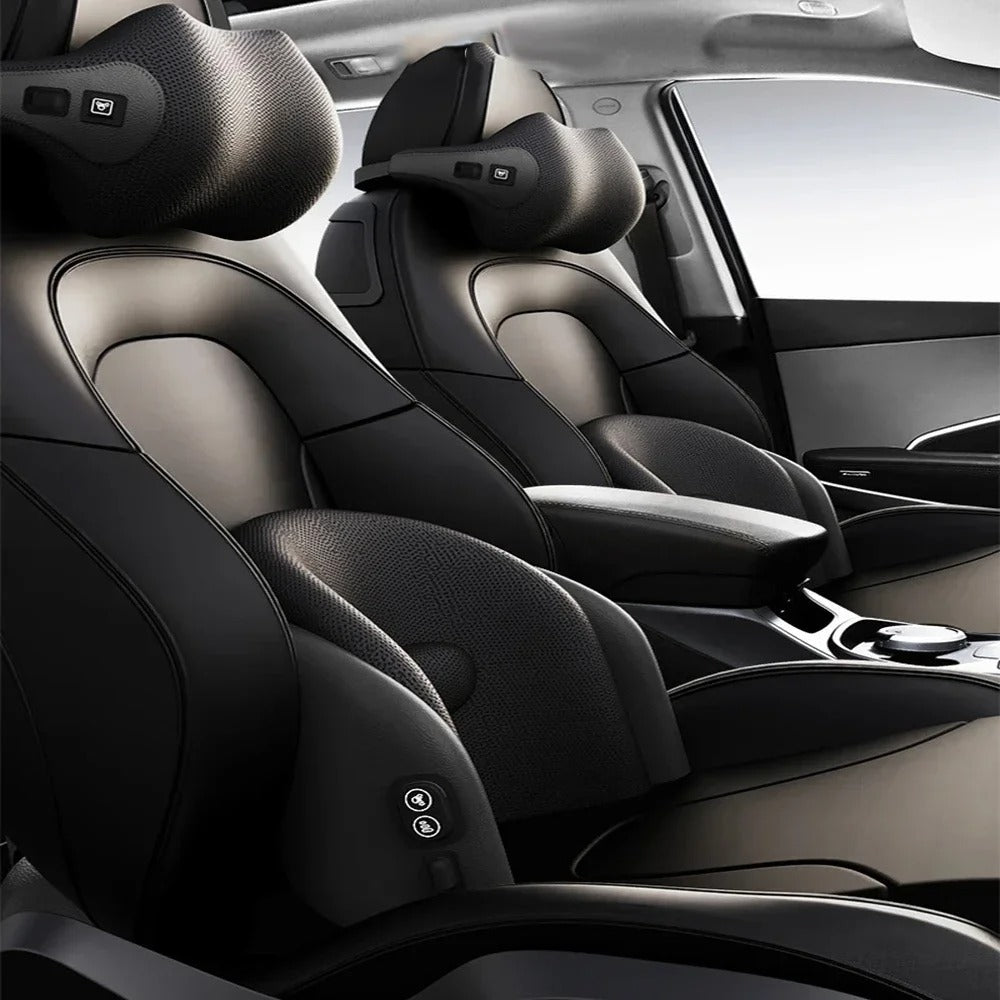 Electric Car Neck & Lumbar Massage Cushion – Smart Ergonomic Support for Office & Car Seats - Delicate Leather
