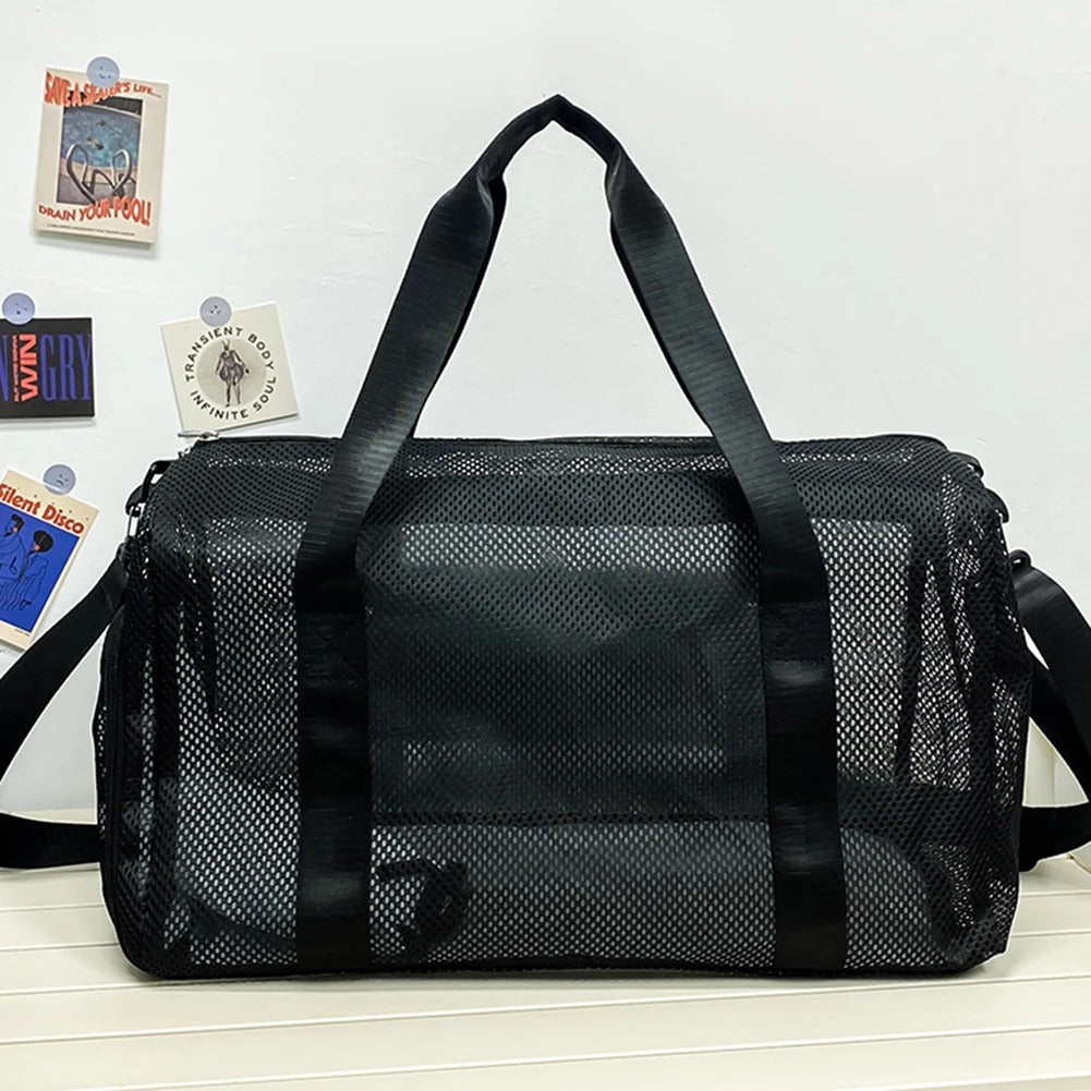 Mesh Travel Duffle Bag – Large-Capacity Weekender with Shoe Compartment & Wet-Dry Separation - Delicate Leather