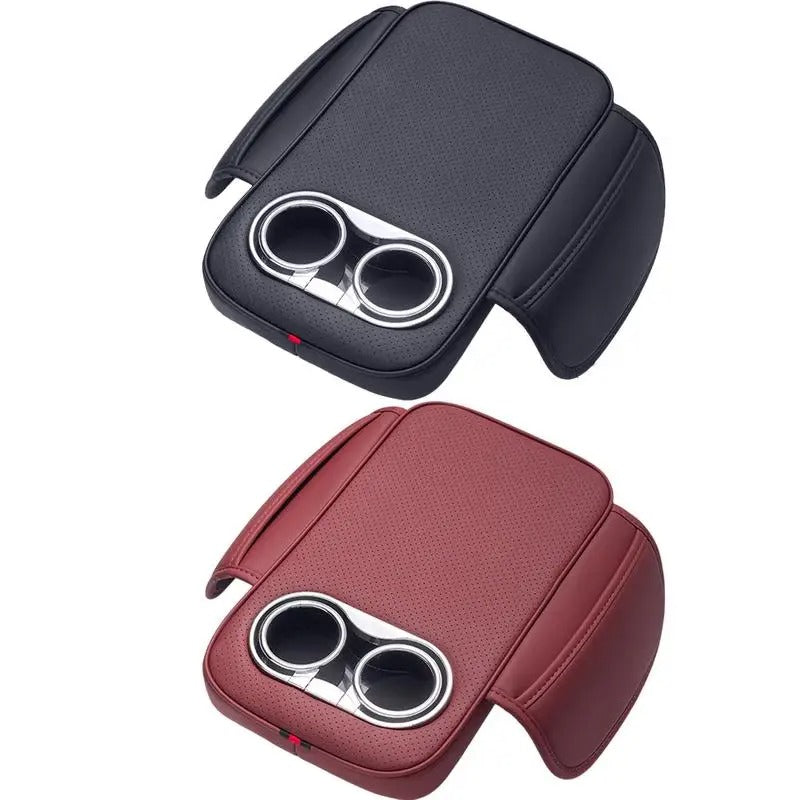 PU Leather Car Armrest Cushion with 2 Cup Holders, Side Pocket, and Heightened Center Console Pad Cover - Delicate Leather
