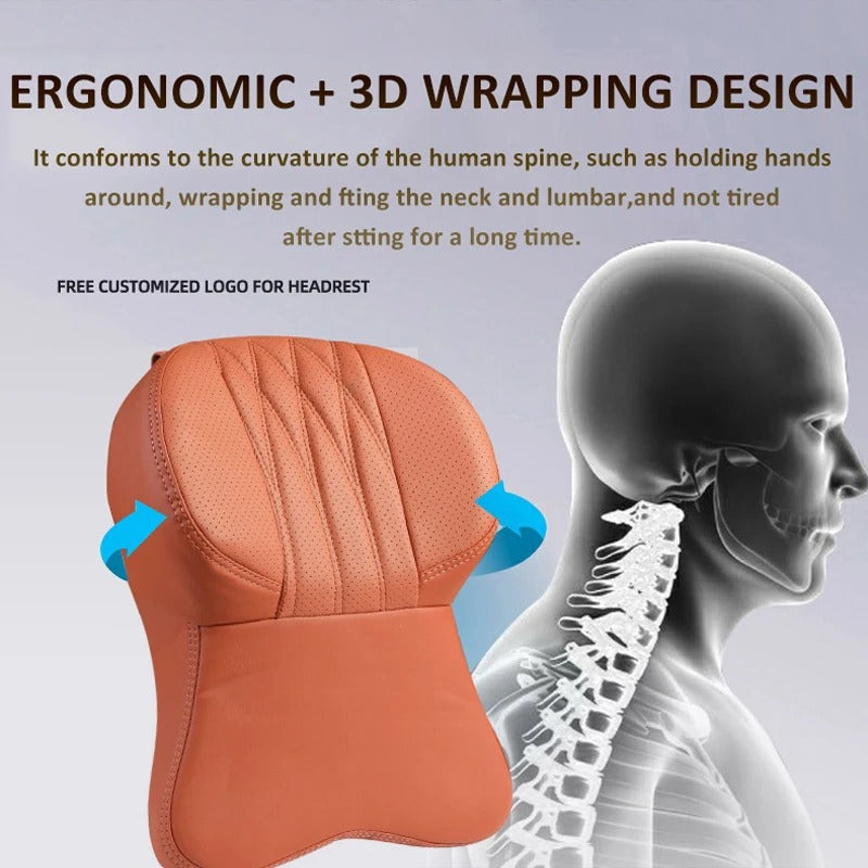 3D Memory Foam Car Neck Pillow – Embroidered Leather Lumbar Support for Back Pain Relief - Delicate Leather