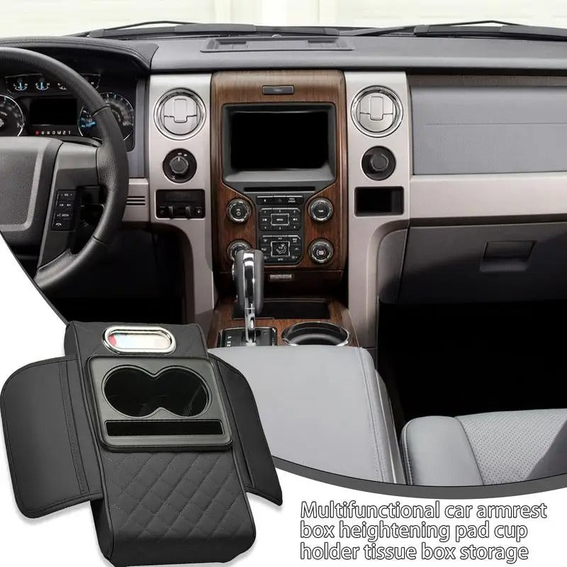 Multifunctional Center Console Cover – Armrest Cushion with Cup and Phone Holder - Delicate Leather