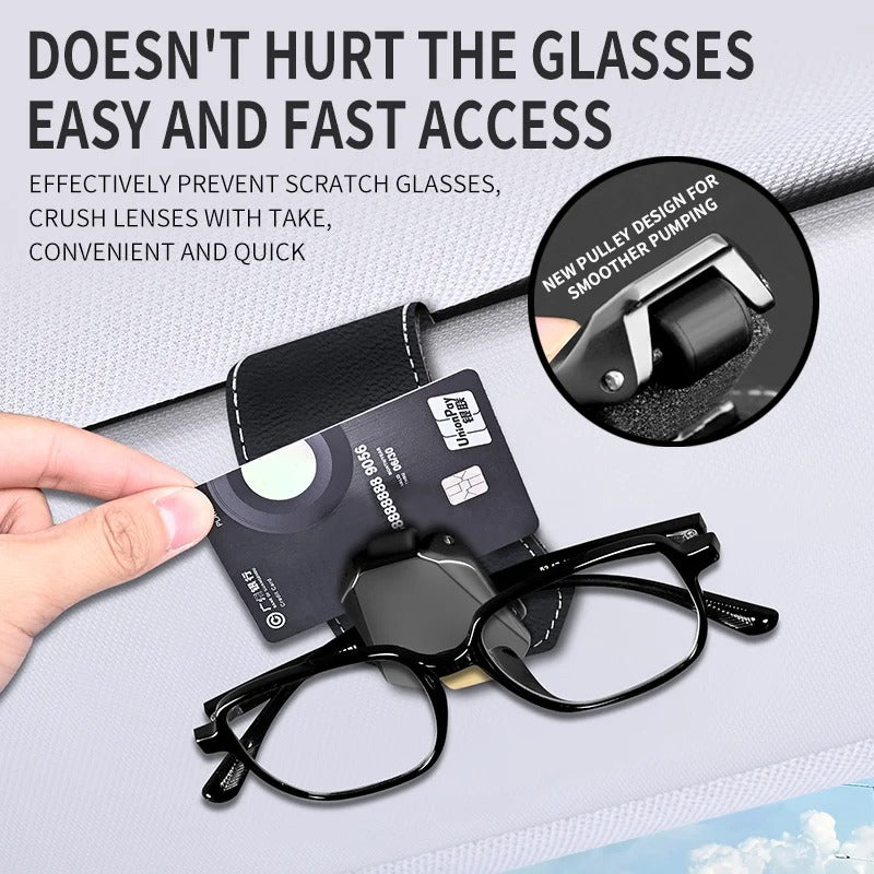Car Glasses Clip – Multi-Functional Cowhide Sunglasses Holder with Pulley Design - Delicate Leather