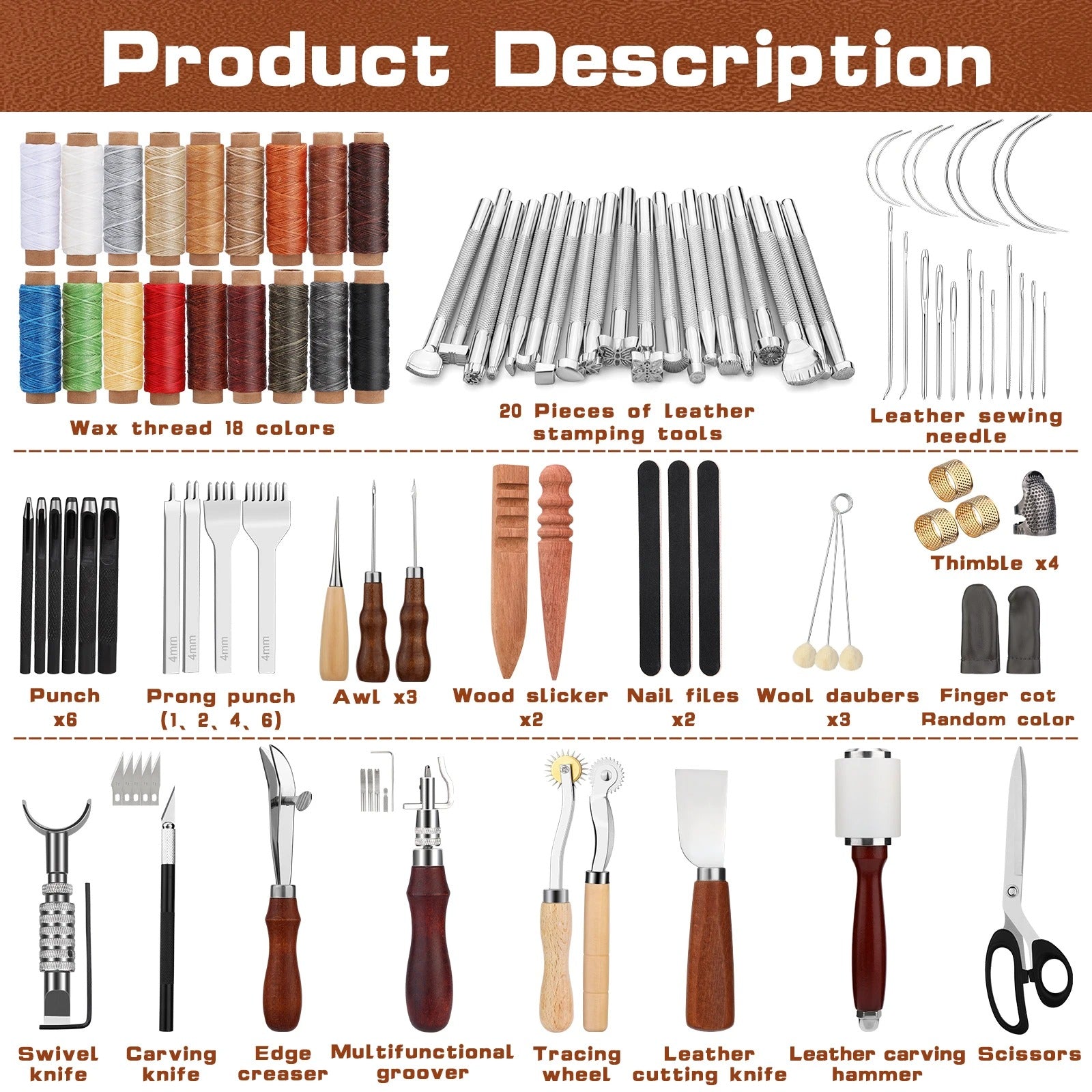Leather Crafting Kit – 92-Piece Leather Working Tools with Custom Storage Bag - Delicate Leather