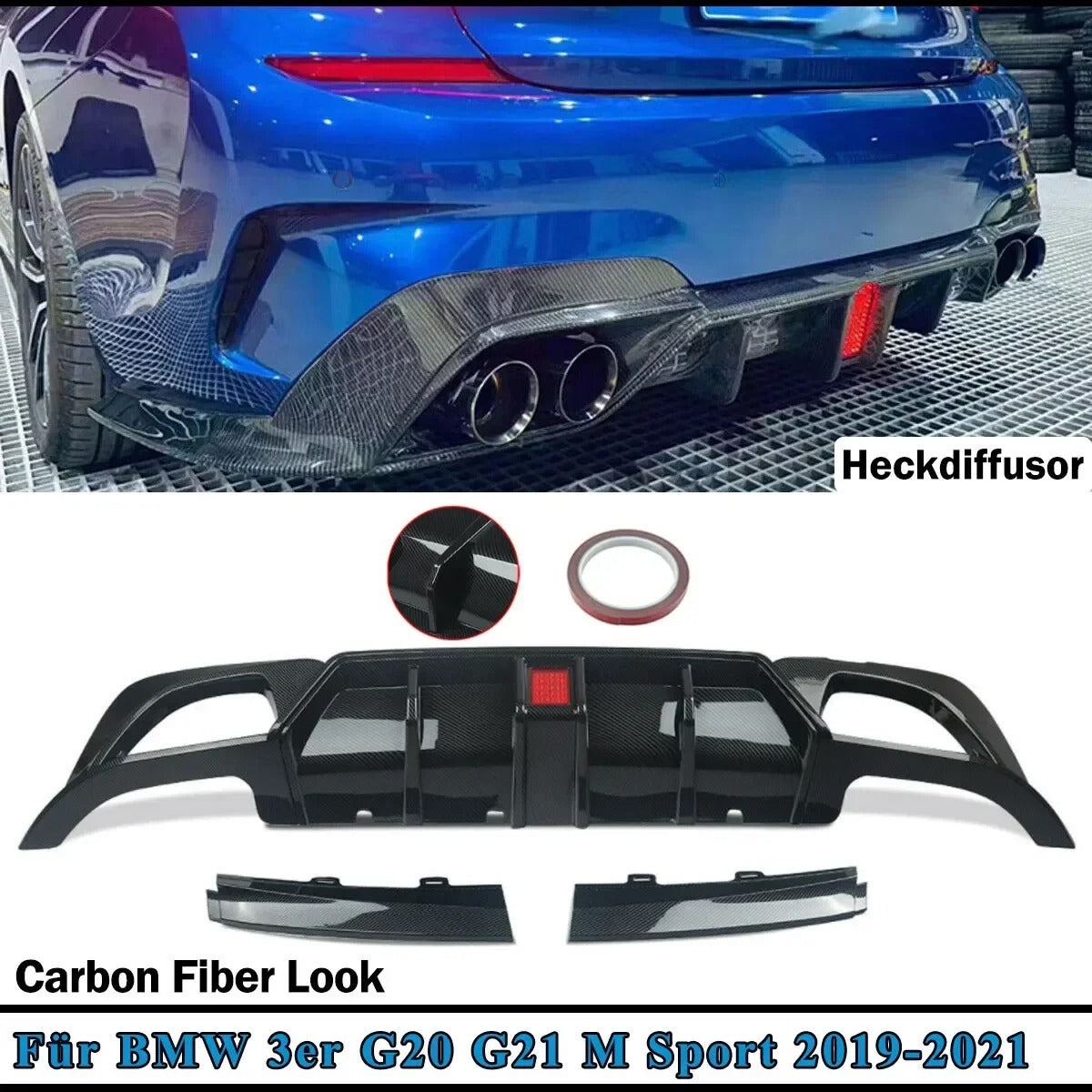 MagicKit Carbon Fiber Look Rear Bumper Diffuser for BMW 3 Series G20/G21 M Sport (2019-2021) – Quad Pipes Style - Delicate Leather